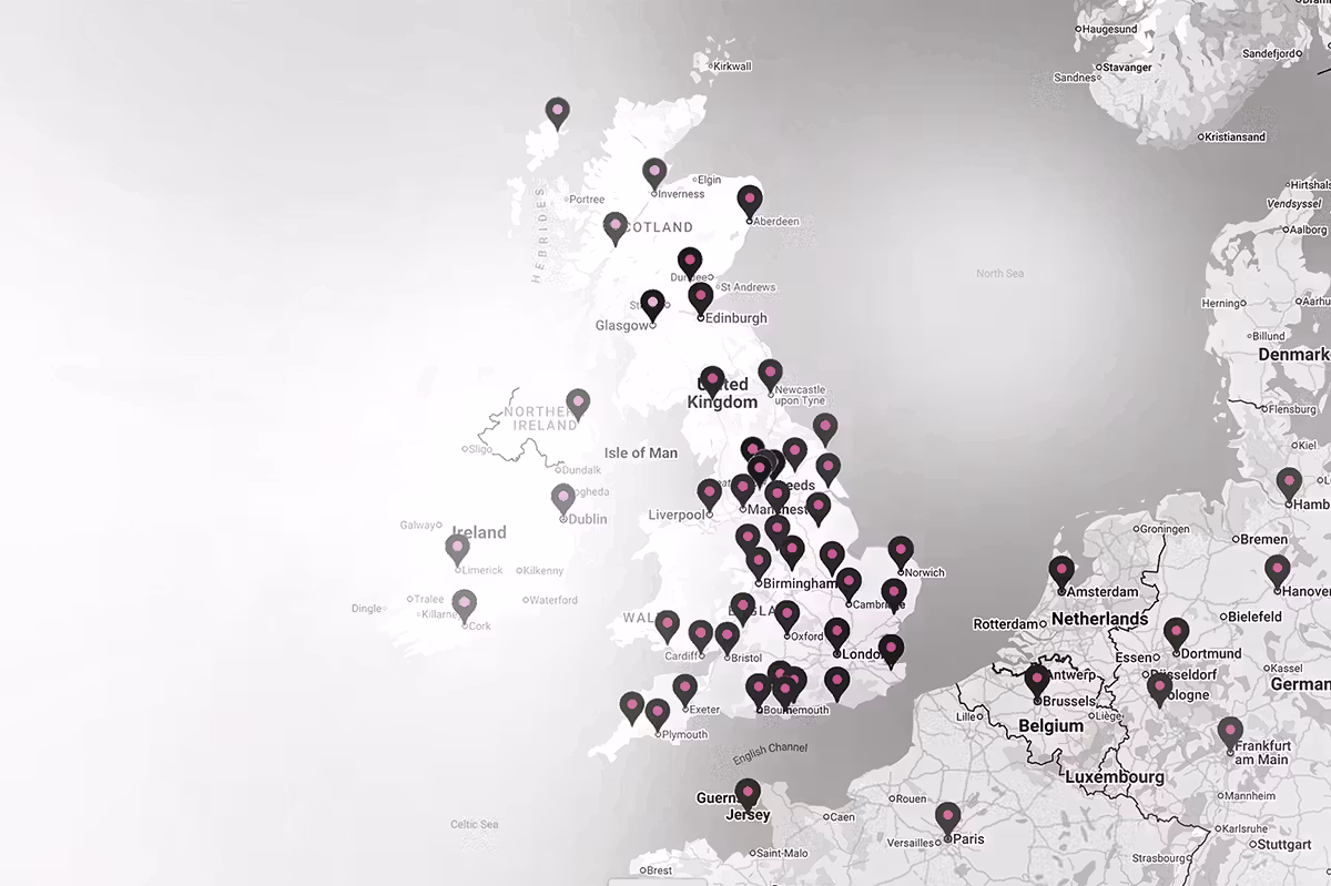 Coverage map showing London-led, UK-wide and selected international corporate photography assignments